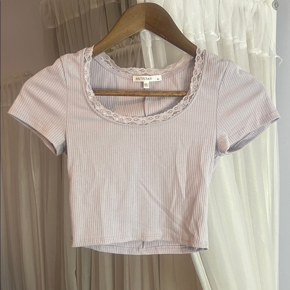 Antistar Lilac Lace Trim Ribbed Tee